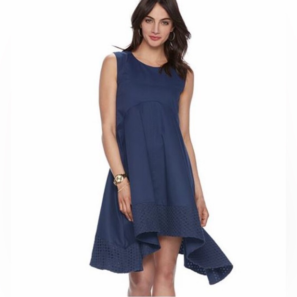 Elle Women's Sleeveless Eyelet Hem Empire Dress Navy Size 12
